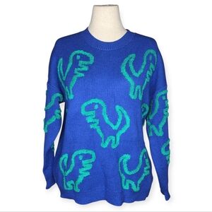 Dreamers by Debut Blue Green Dinosaur Chenille Oversized Knit Sweater XS
